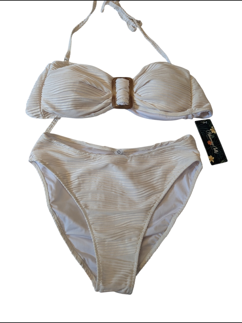 Cream Textured Bandeau Bikini Set with Center Buckle, NWT, Size M